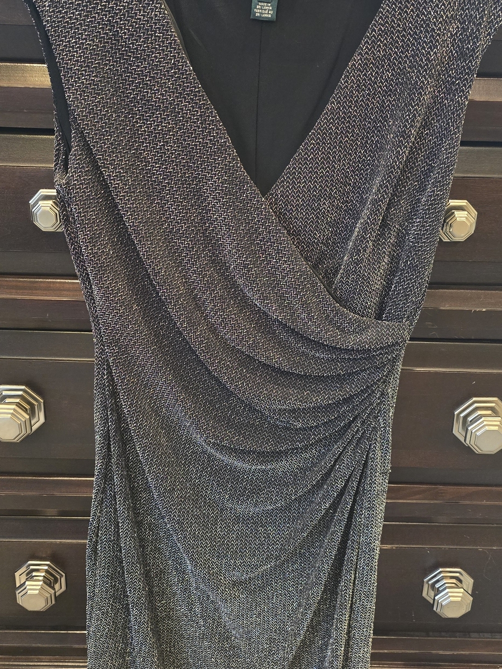 Lauren Ralph Lauren Metallic Charcoal Strapless Draped Evening Dress